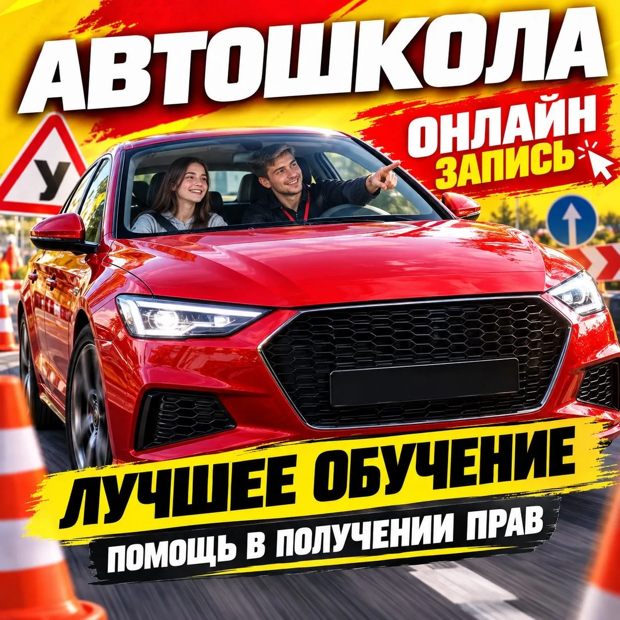 Баннер автошколы: инструктор и ученица у автомобиля